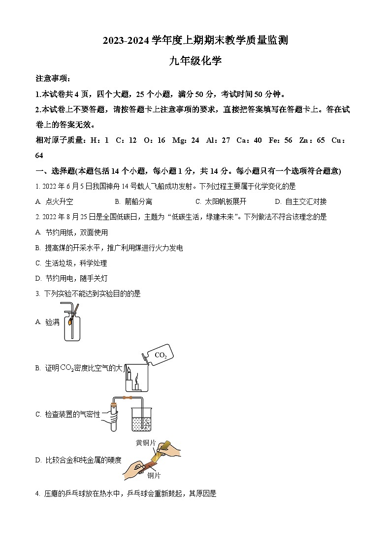 河南省信阳市潢川县2023-2024学年九年级上学期期末化学试题（原卷+解析）01