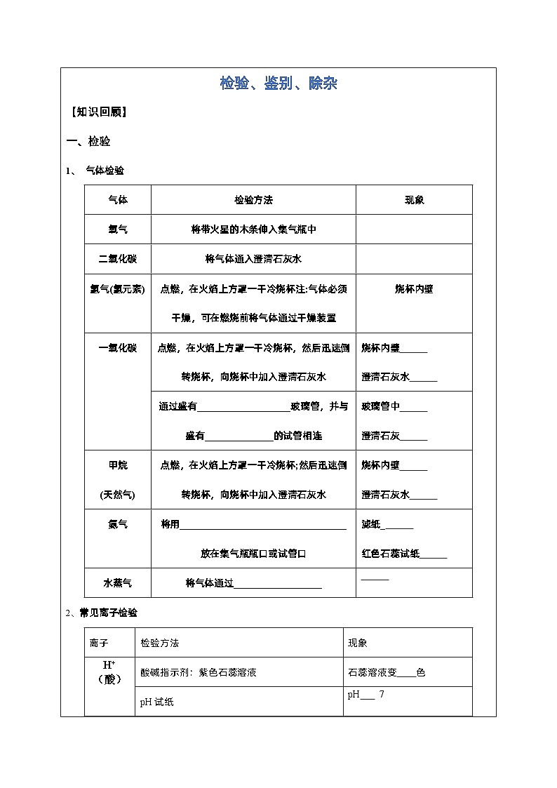2024年湖南省中考化学二轮复习检验鉴别除杂第1页