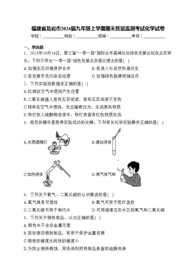 福建省龙岩市2024届九年级上学期期末质量监测考试化学试卷(含答案)第1页