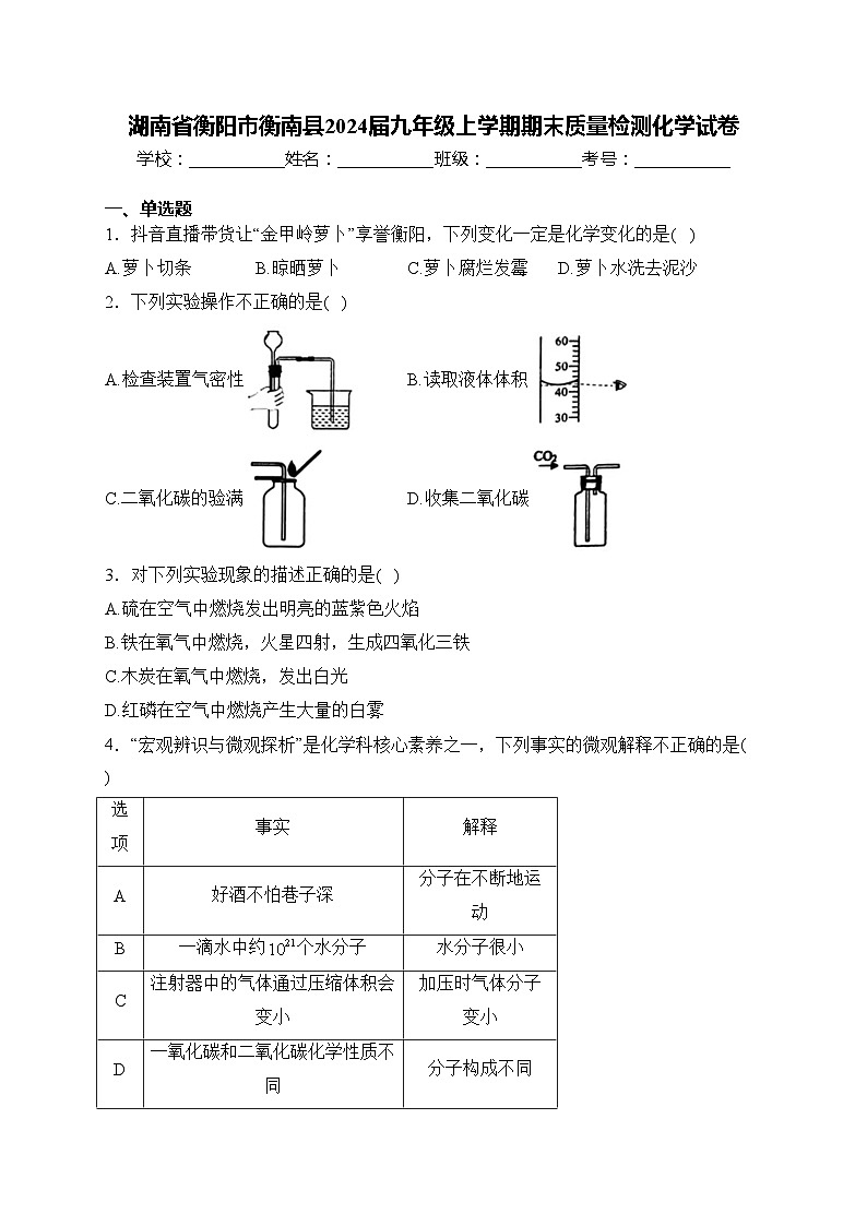 湖南省衡阳市衡南县2024届九年级上学期期末质量检测化学试卷(含答案)第1页