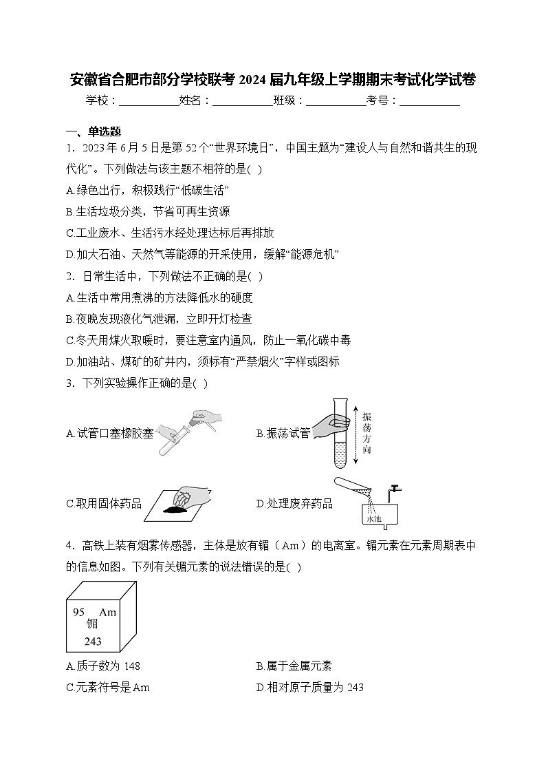安徽省合肥市部分学校2023-2024学年九年级上学期期末联考化学试卷01