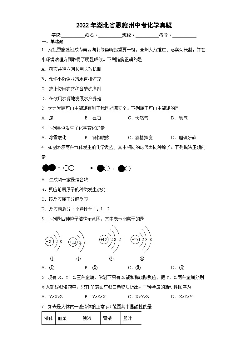 2022年湖北省恩施州中考化学真题01