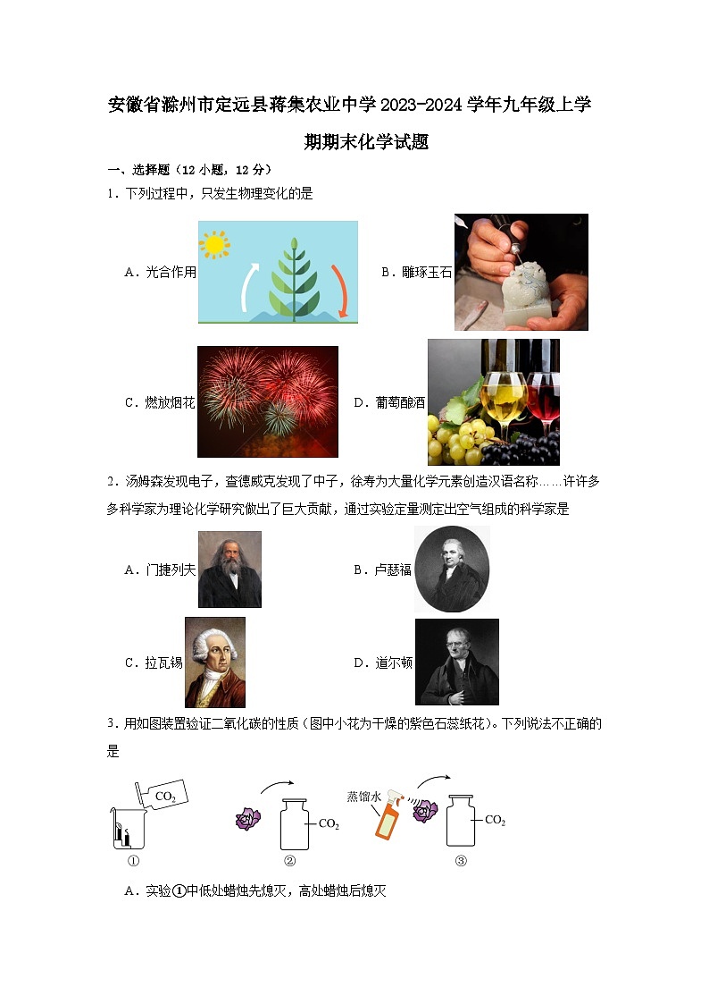 安徽省滁州市定远县蒋集农业中学2023-2024学年九年级上学期期末化学试题第1页