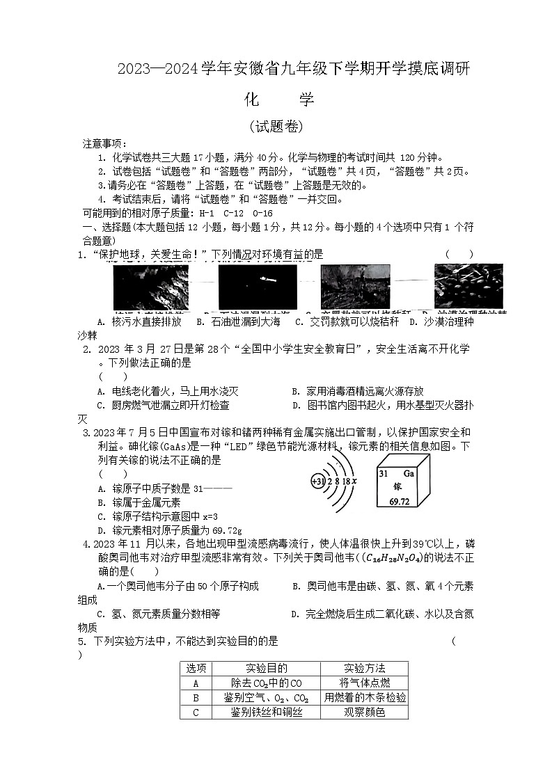 安徽省亳州市利辛县2023-2024学年九年级下学期2月份开学摸底调研化学试题第1页