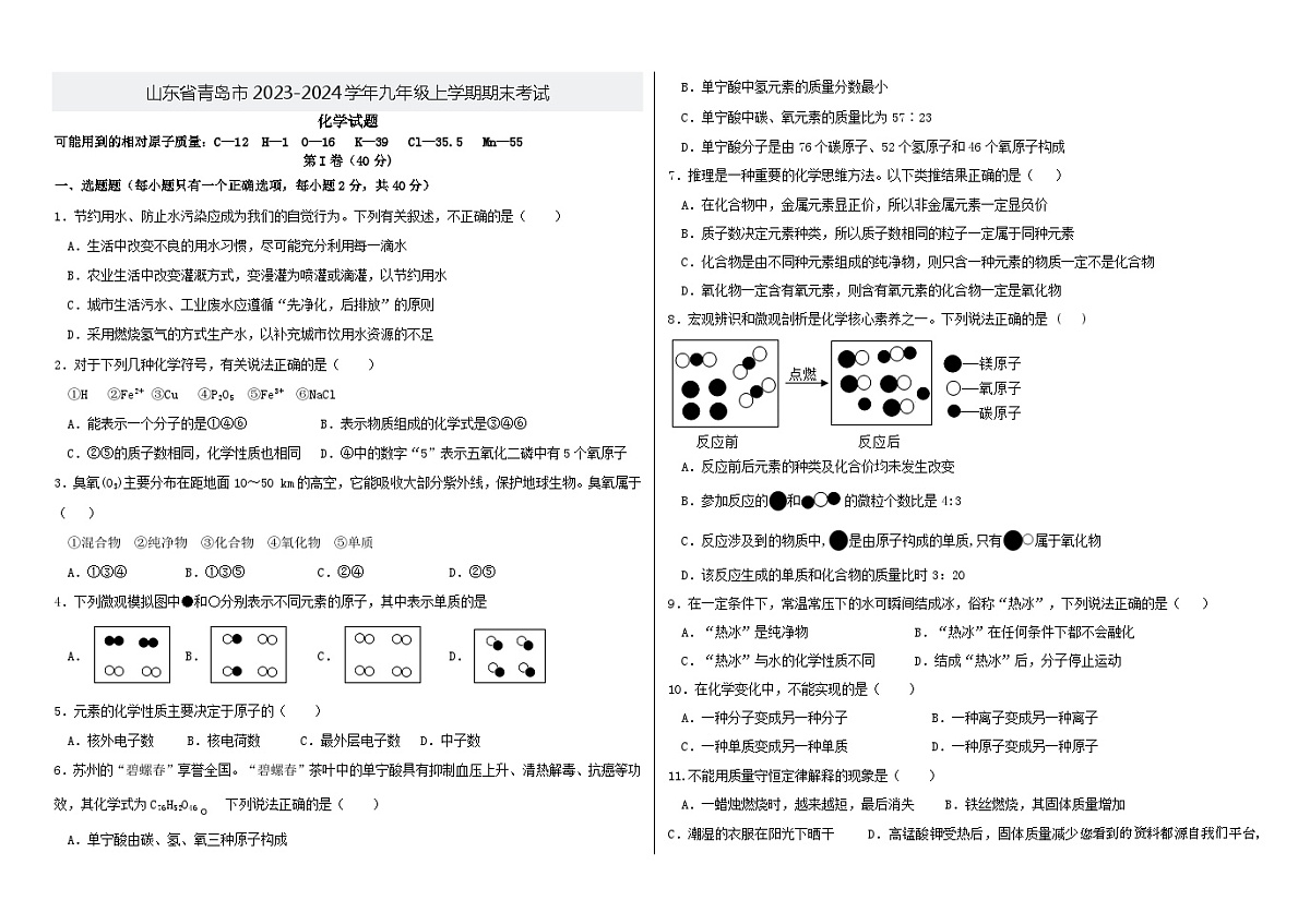 山东省青岛市2023-2024学年九年级上学期期末考试化学试卷第1页