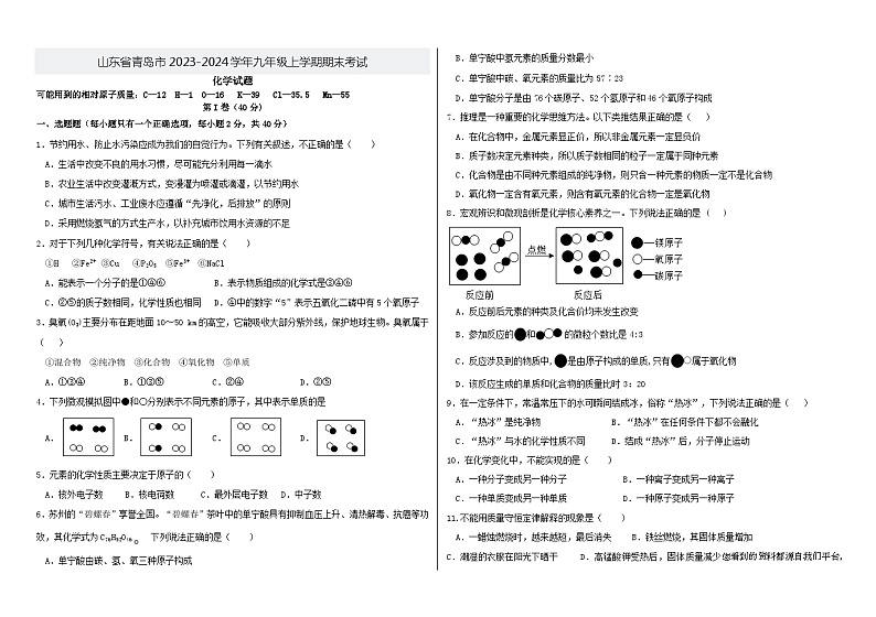 山东省青岛市2023-2024学年九年级上学期期末考试化学试卷第1页