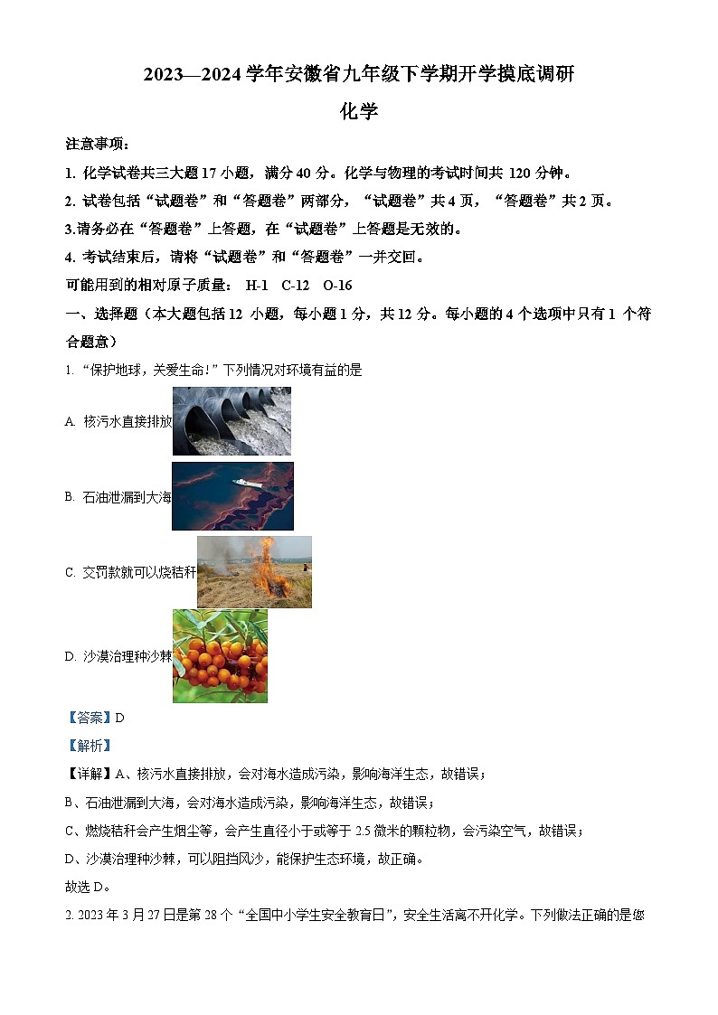 19，安徽省亳州市利辛县2023-2024学年九年级下学期2月份开学摸底调研化学试题第1页