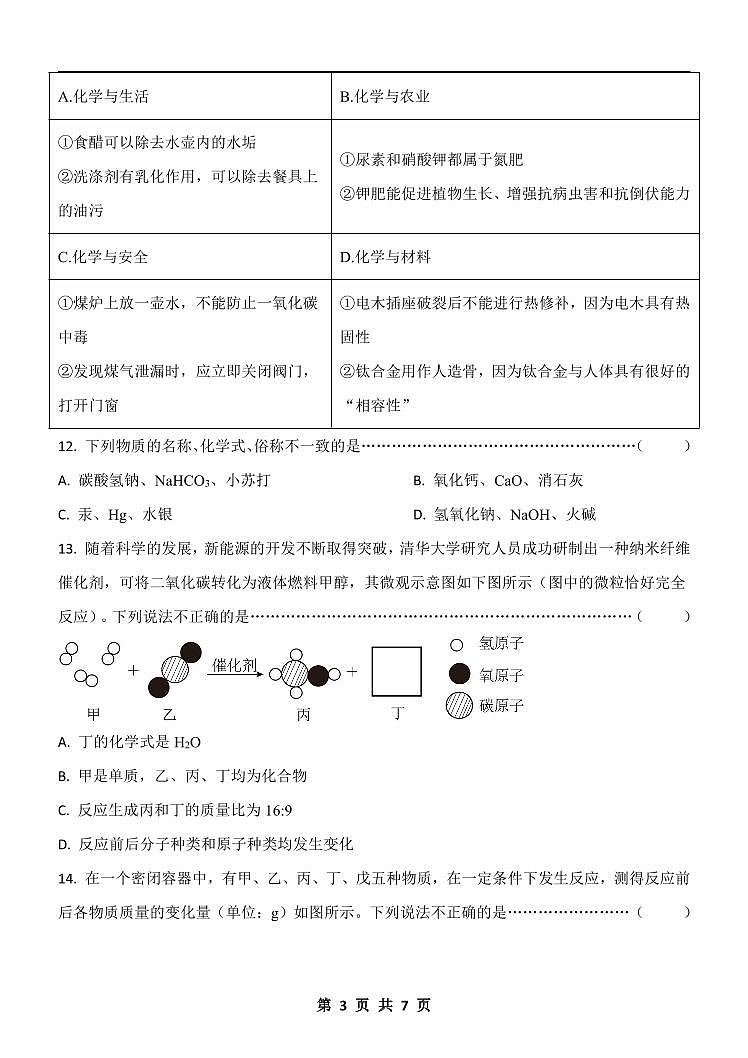 黑龙江省哈尔滨市萧红中学2023-2024学年九年级下学期开学测试化学试卷03