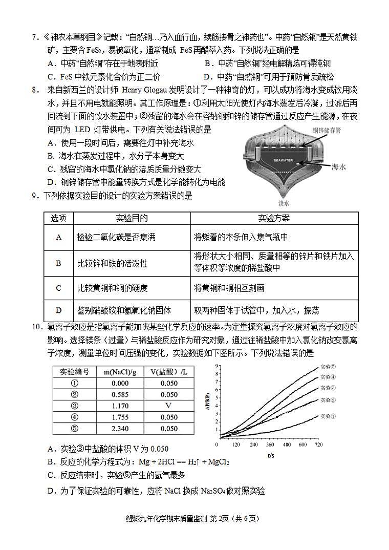 2023-2024学年泉州市鲤城区初三年级化学一检试卷第2页