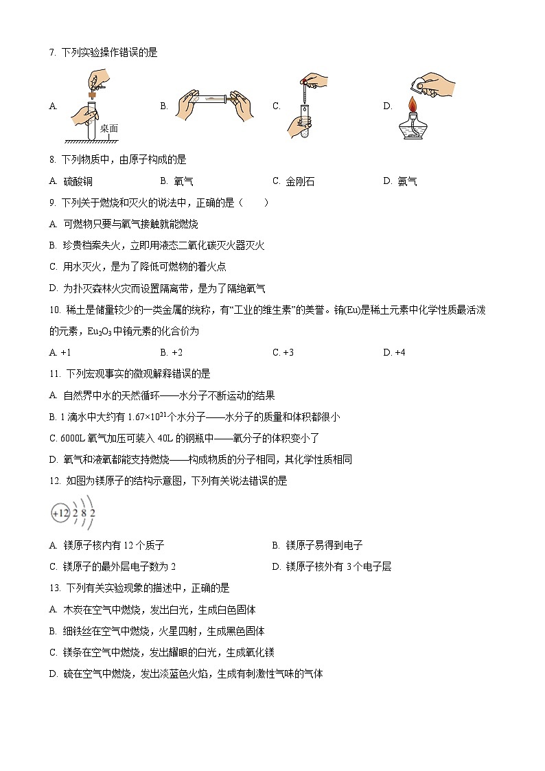 精品解析：云南省文山州砚山县第一中学教育集团2023-2024学年九年级上学期12月期末模拟考试化学试题（原卷版）第2页