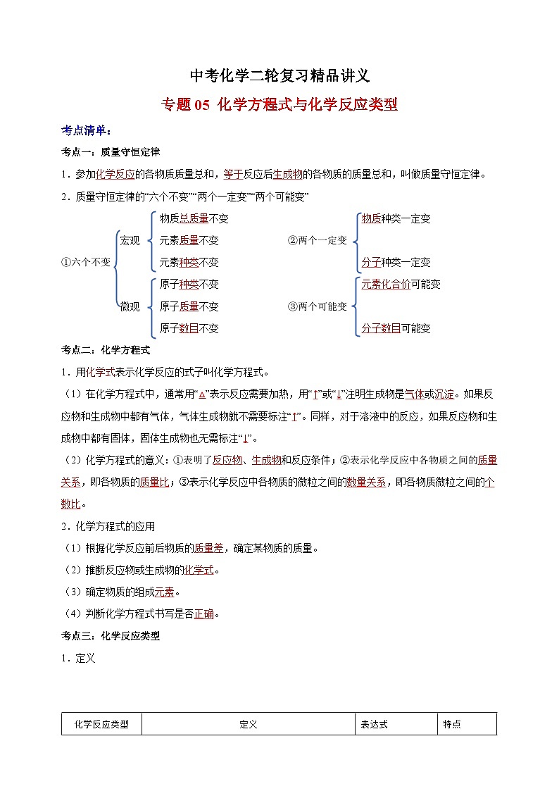 中考化学二轮复习精品讲义专题05 化学方程式与化学反应类型第1页