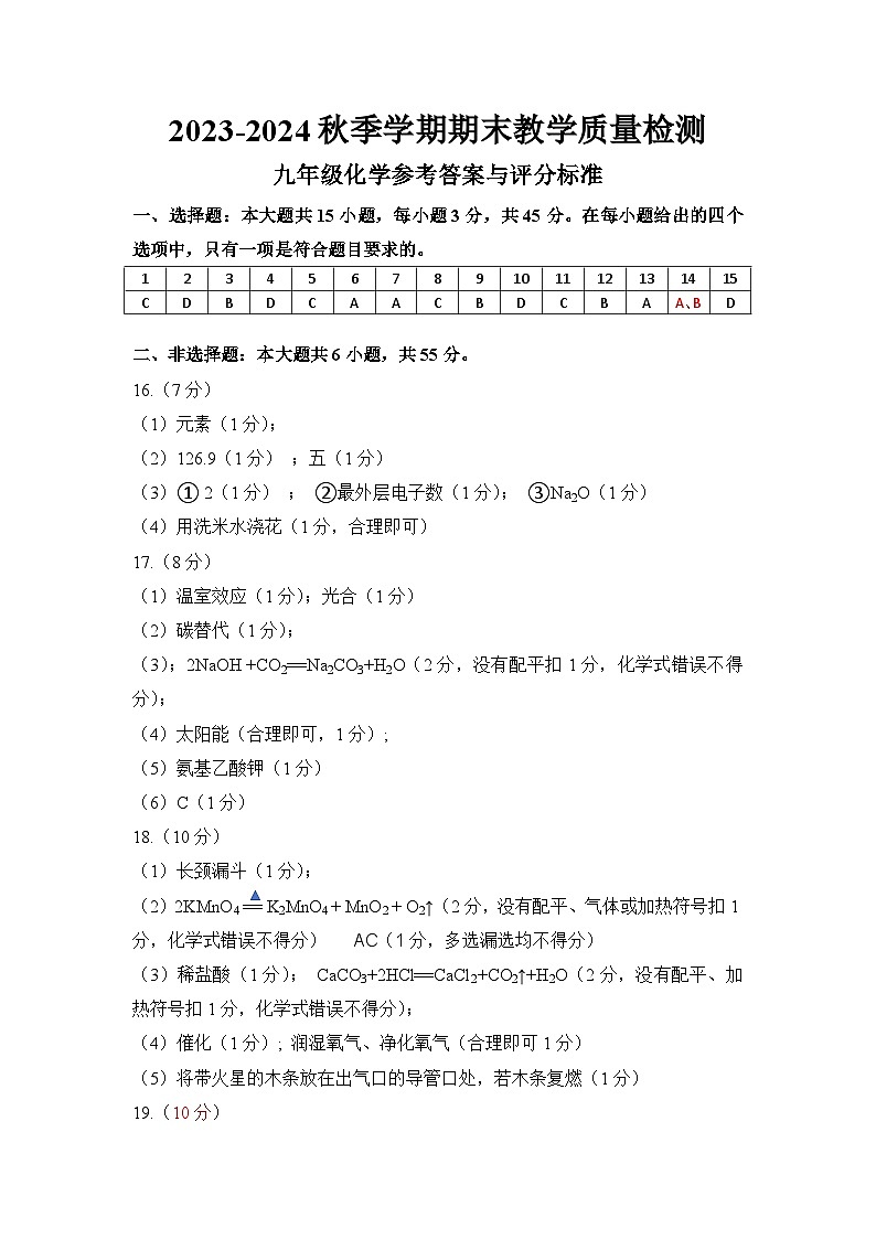 2023秋季学期期末教学质量检测九年级化学参考答案第1页