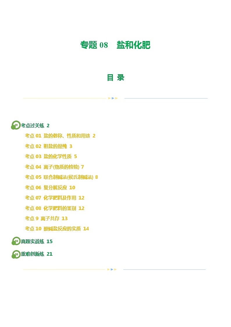 专题08 盐 化肥（练习）-2024年中考化学一轮复习讲练测（全国通用）（原卷版）第1页