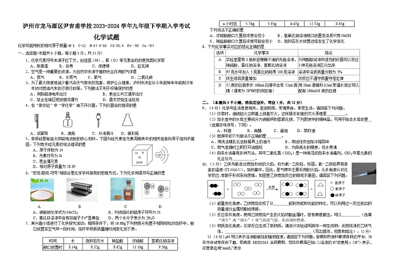 44，四川省泸州市龙马潭区尹吉甫学校2023-2024学年九年级下学期开学化学试题(1)第1页