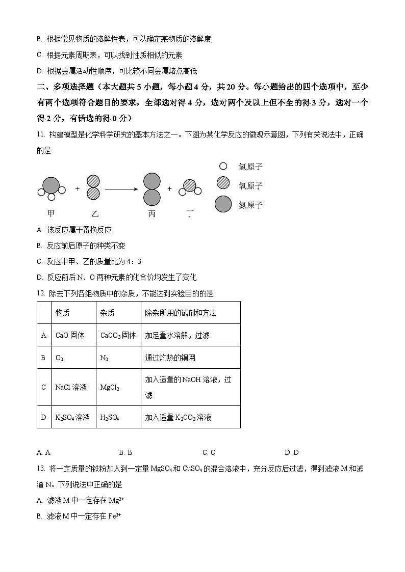 精品解析：山东省济南市天桥区2023-2024学年九年级上学期期末考试化学试题（原卷版）第3页