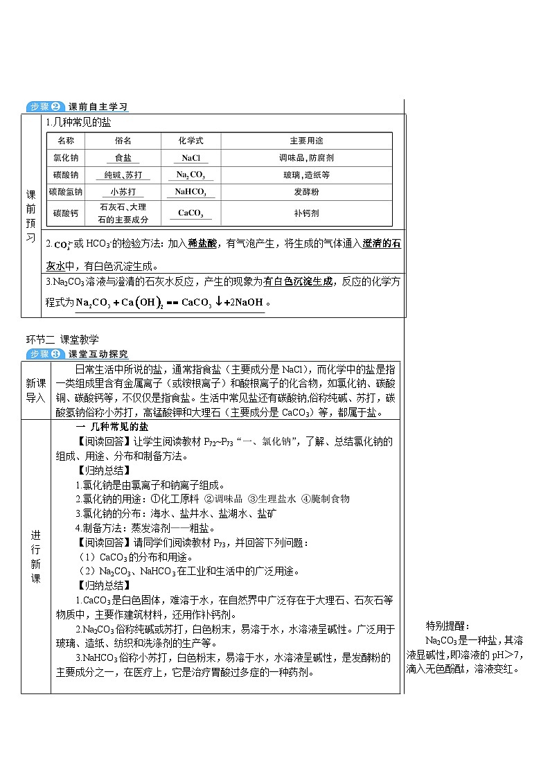 人教版九年级下册化学第1课时 几种常见的盐（导学案）第2页