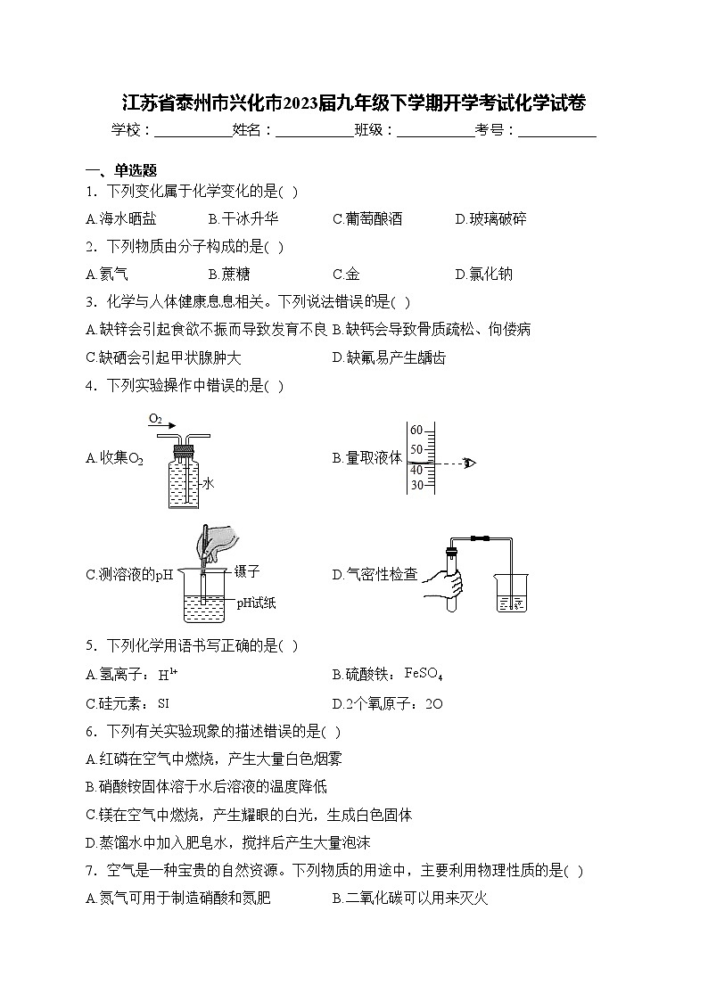 江苏省泰州市兴化市2023届九年级下学期开学考试化学试卷(含答案)第1页