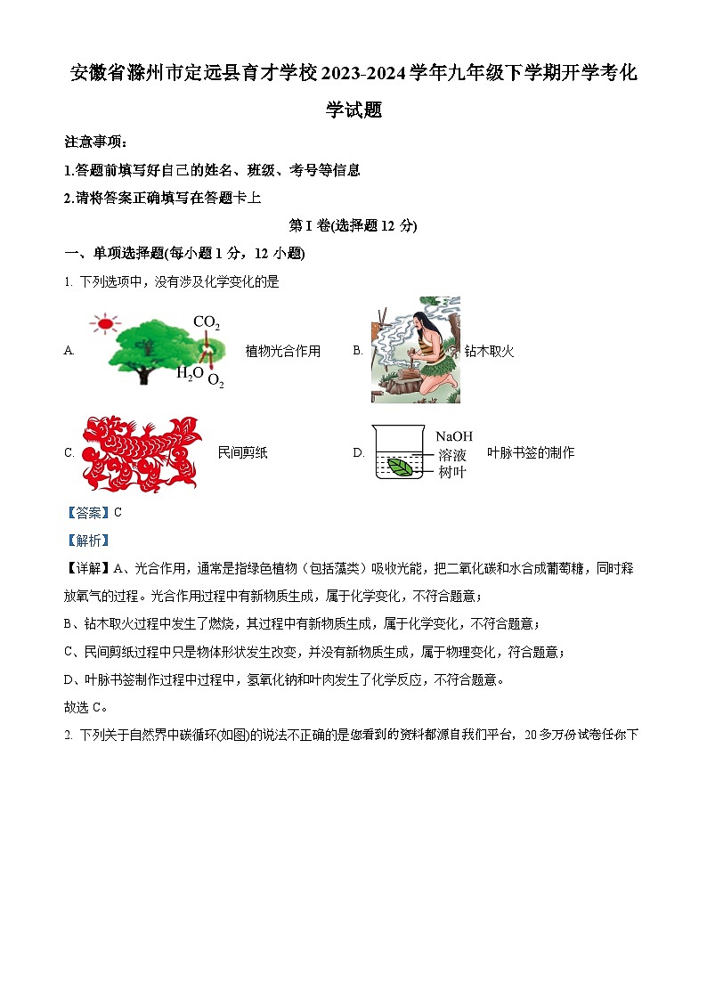 安徽省滁州市定远县育才学校2023-2024学年九年级下学期开学考化学试题01