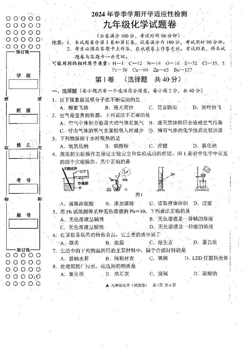 广西河池市罗城仫佬族自治县2023-2024学年九年级下学期开学适应性检测化学试卷第1页