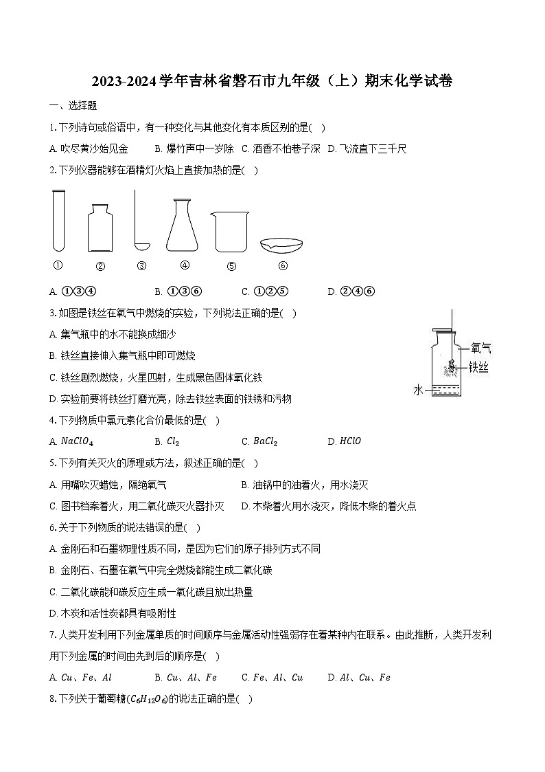 2023-2024学年吉林省磐石市九年级（上）期末化学试卷（含解析）第1页