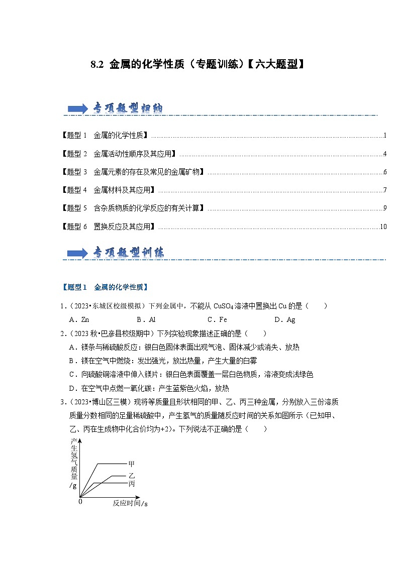 8.2 金属的化学性质（专题训练） （原卷版）第1页