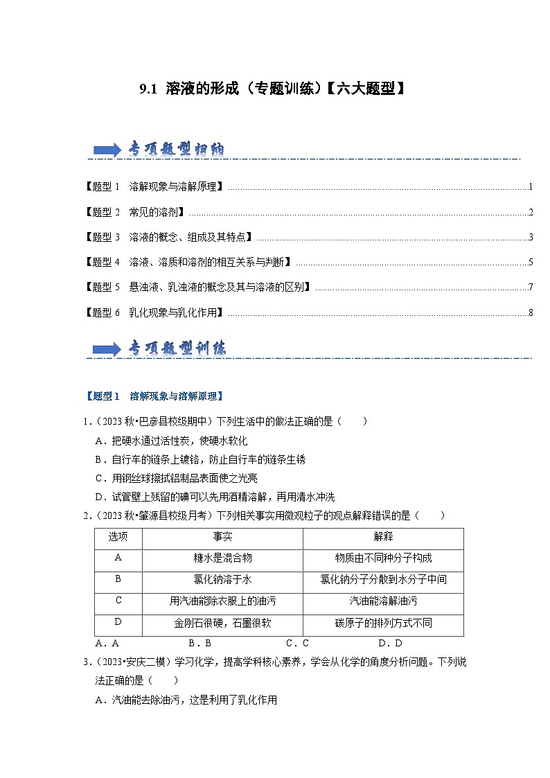 9.1 溶液的形成（专题训练）（原卷版）第1页
