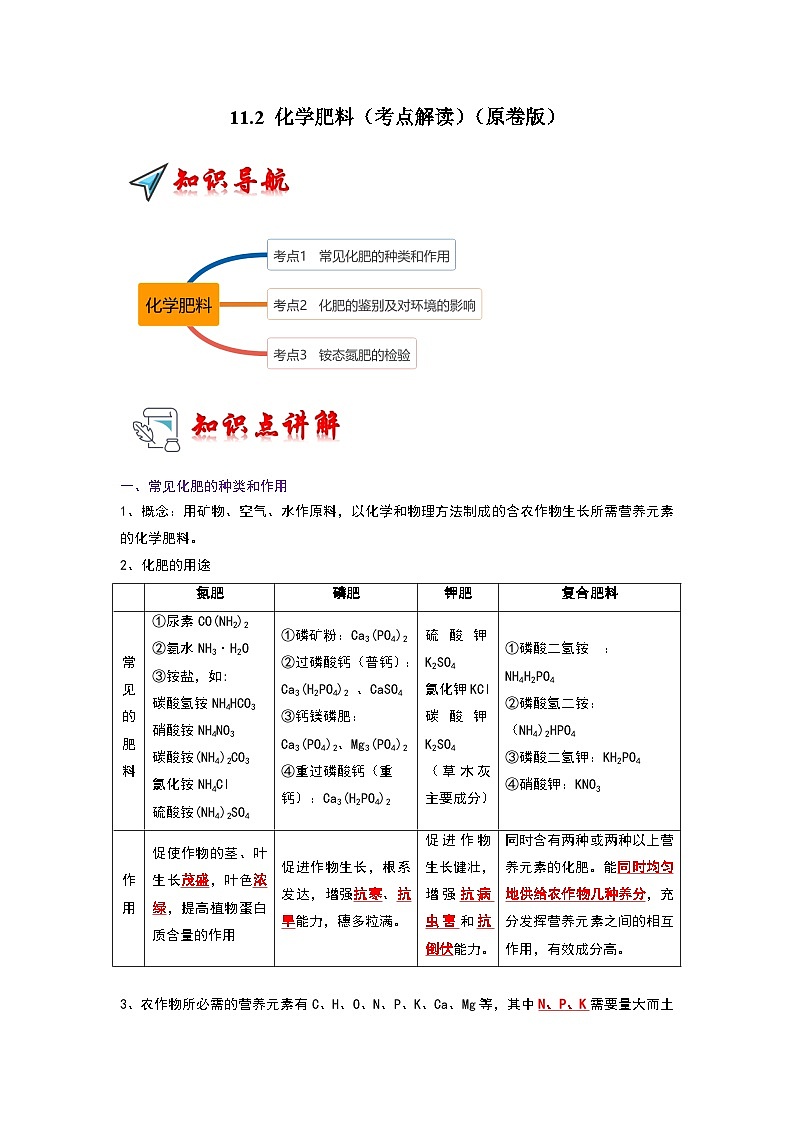 11.2 化学肥料（考点解读）（原卷版）第1页