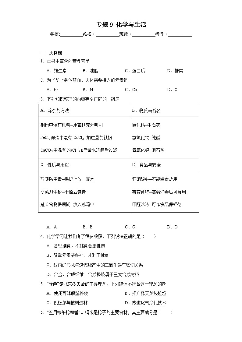 专题9化学与生活巩固练习 仁爱版化学九年级下册01
