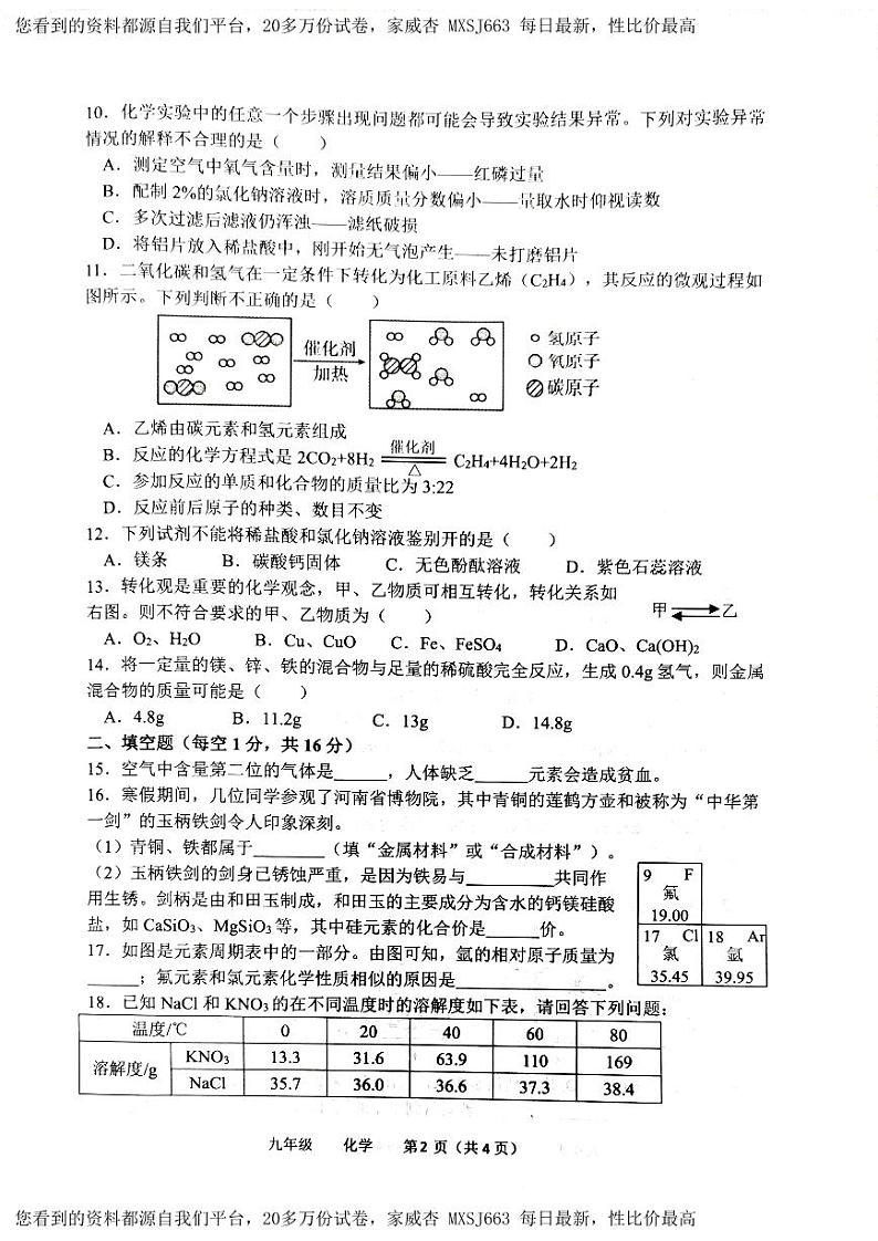 河南省实验中学2023-2024学年九年级下学期开学考试化学试卷02