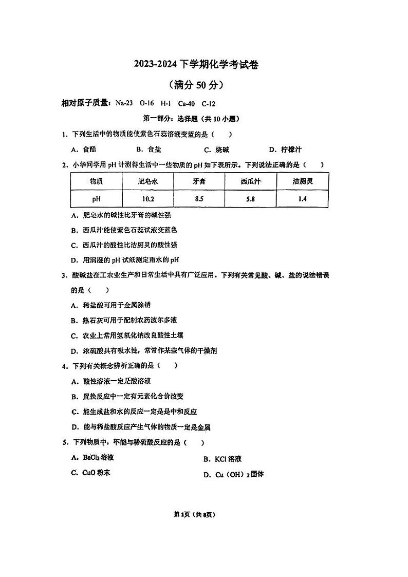 辽宁省沈阳市兴华实验学校2023-2024学年九年级下学期开学考试化学试卷第1页