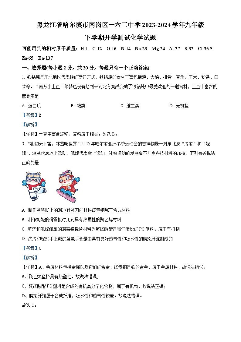 146，黑龙江省哈尔滨市南岗区第一六三中学2023—2024学年下学期九年级开学测试综合试卷-初中化学第1页