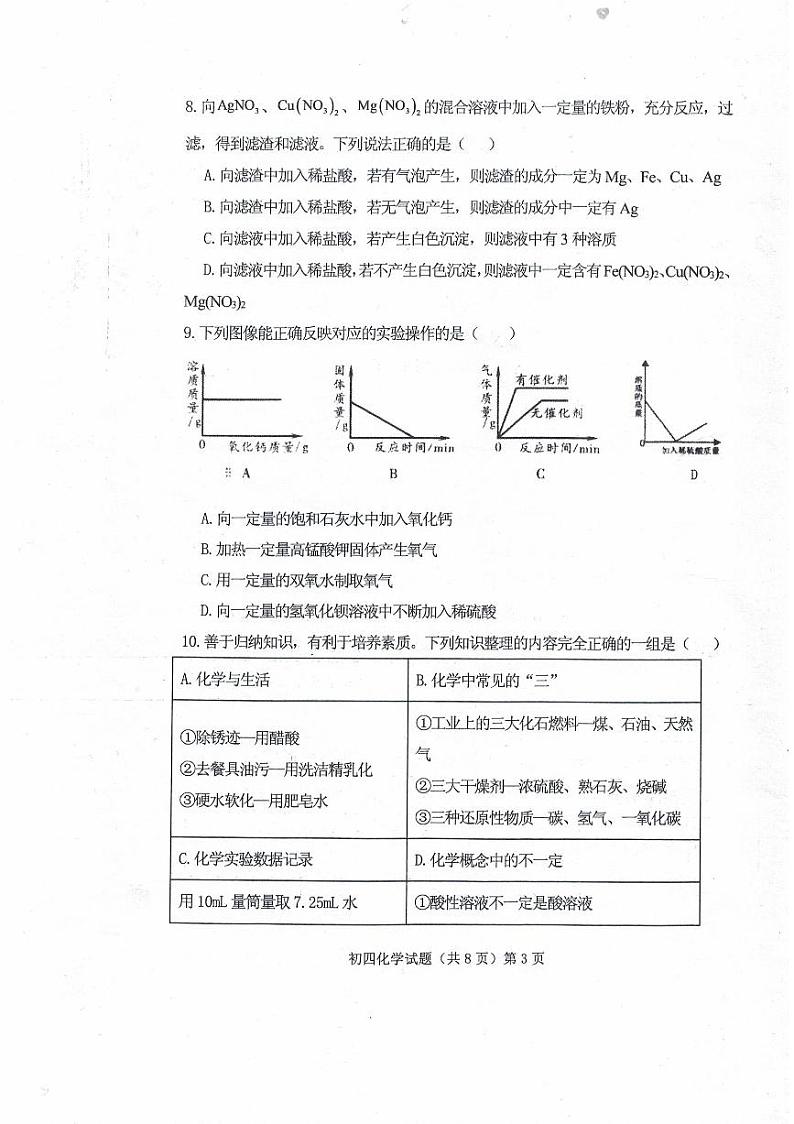 109，山东省济宁市济宁学院附属中学2023-2024学年九年级（五四学制）下学期开学收心考试化学试题03