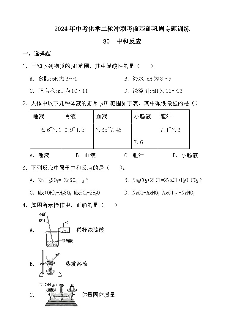 2024年中考化学二轮冲刺考前基础巩固专题训练30  中和反应第1页