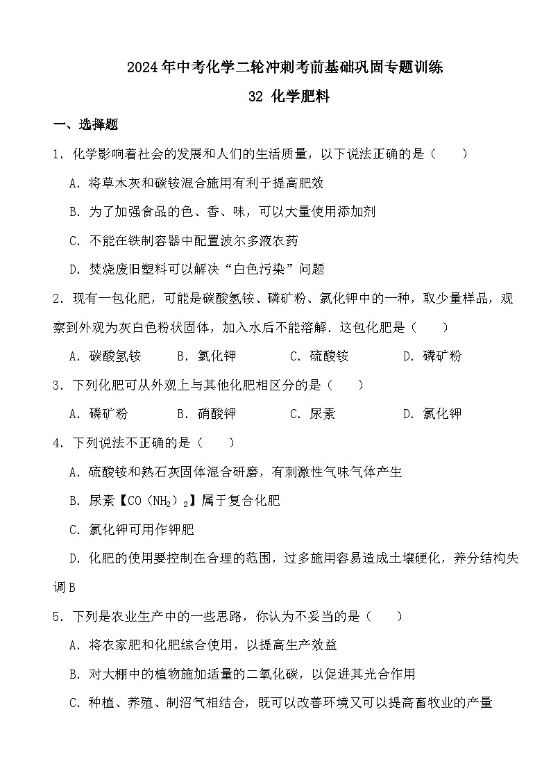2024年中考化学二轮冲刺考前基础巩固专题训练32 化学肥料第1页
