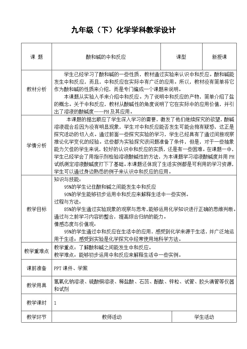 鲁教版化学九年级下册 第七单元 第四节 酸碱中和反应(1) 教案01