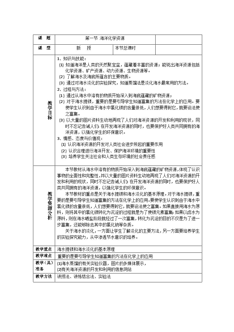 鲁教版化学九年级下册 第八单元 第一节 海洋化学资源 教案第1页