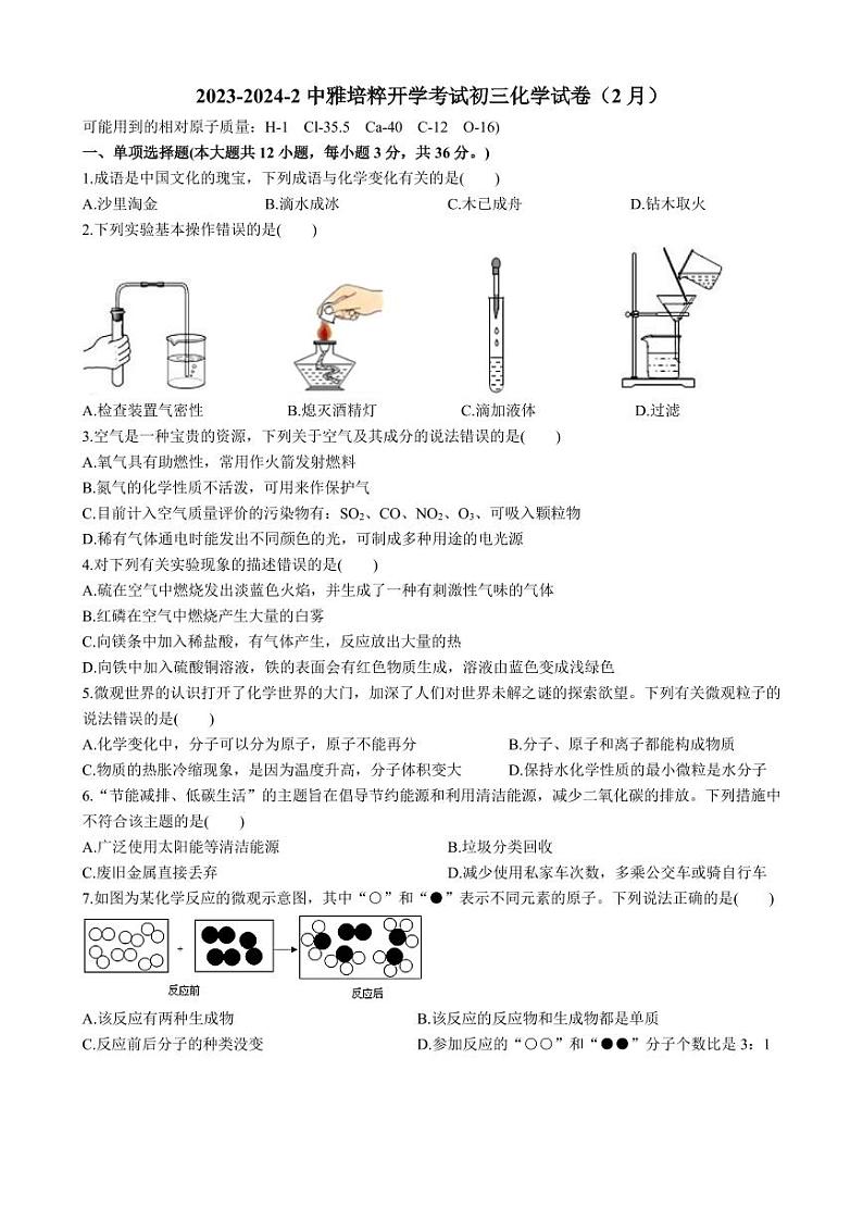 湖南省长沙市雅礼教育集团2023-2024学年九年级下学期开学考试化学试题第1页