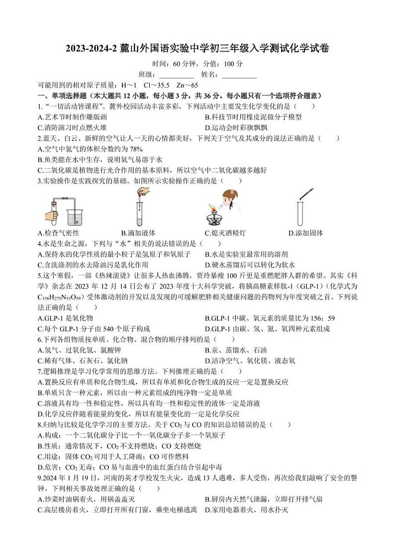 湖南省长沙市麓山外国语实验中学2023-2024学年九年级下学期开学考试化学试题第1页