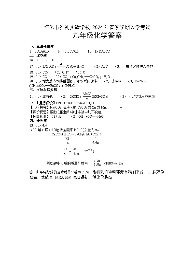 湖南省怀化市雅礼实验学校2023-2024学年九年级下学期入学考试化学试题第1页