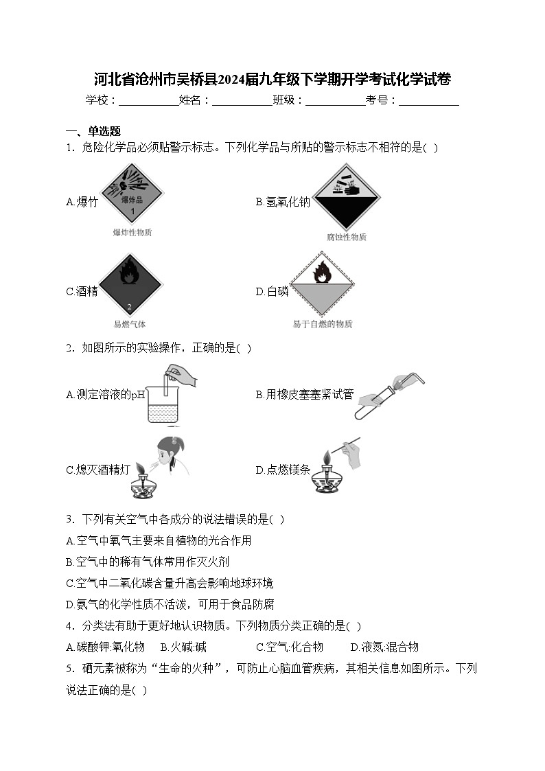 河北省沧州市吴桥县2024届九年级下学期开学考试化学试卷(含答案)第1页