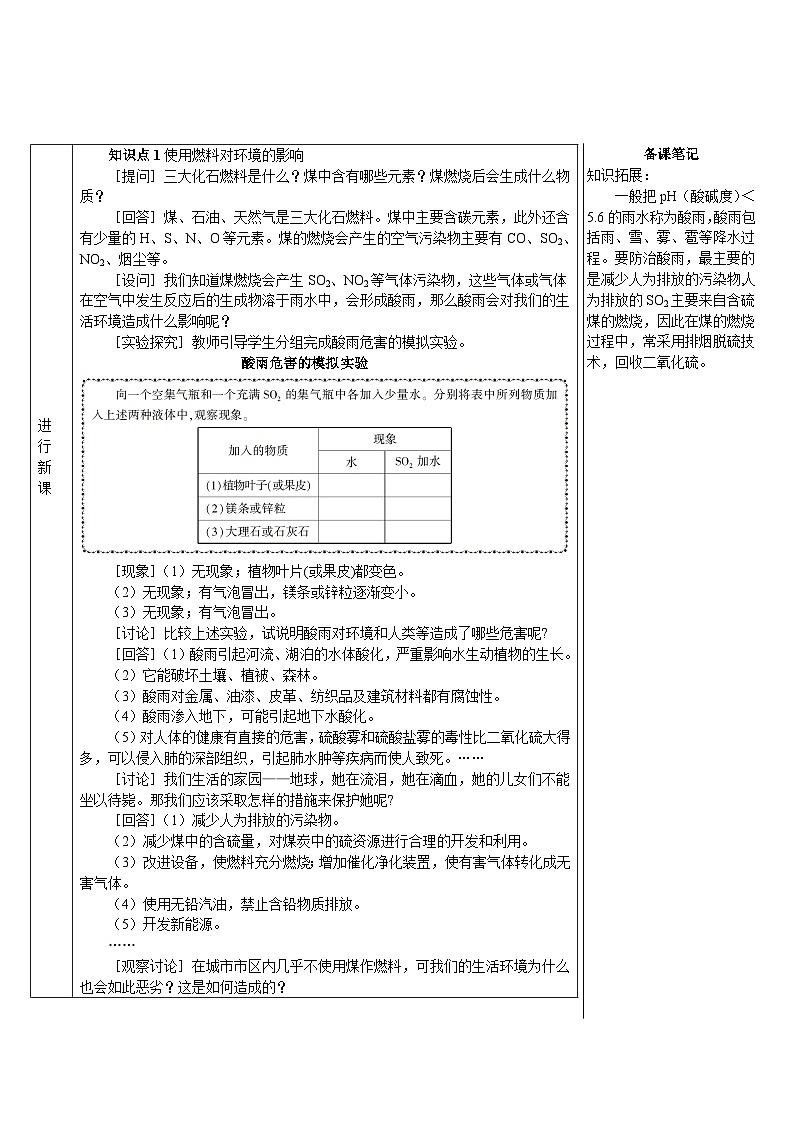 人教版化学九年级上册 课题2 燃料的合理利用与开发1 第2课时 使用燃料对环境的影响及能源的利用和开发教案02