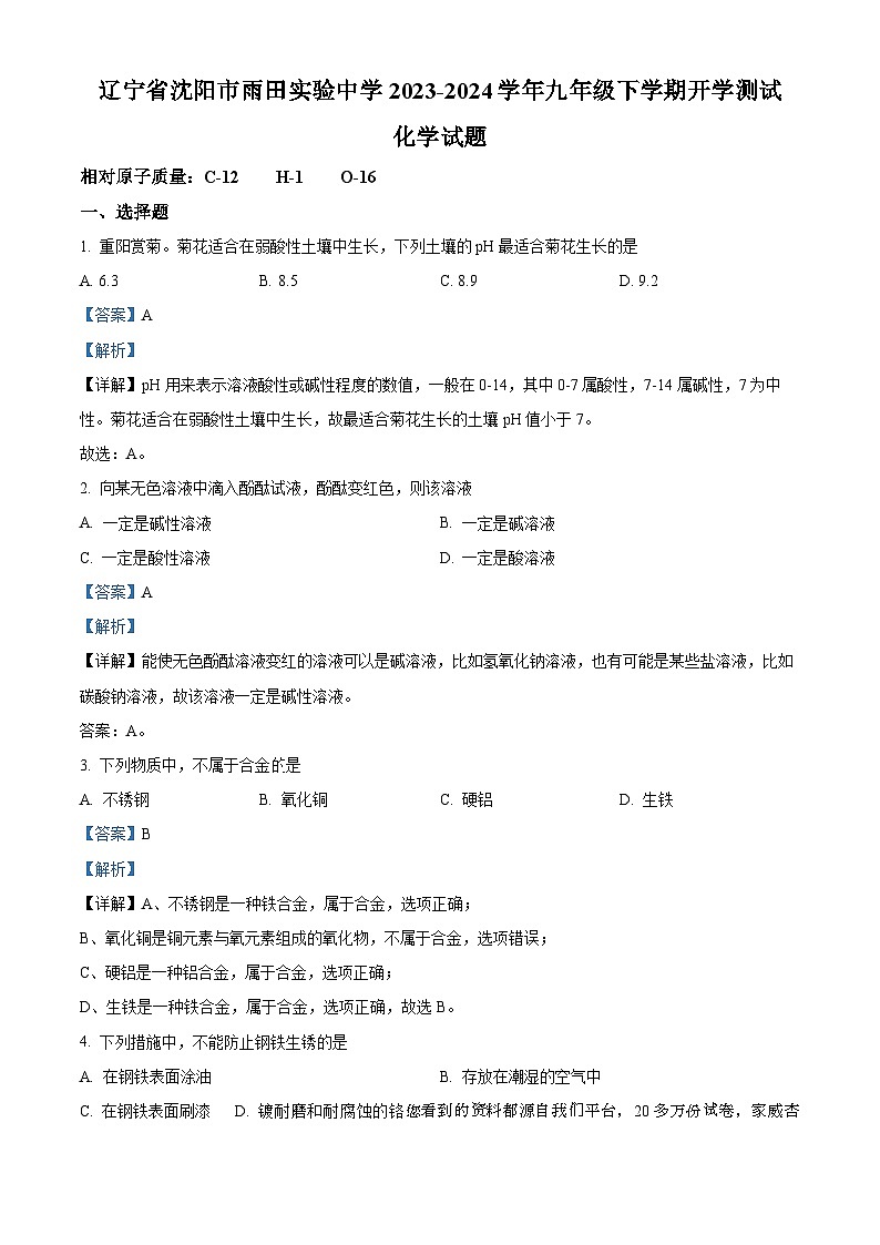 81，辽宁省沈阳市雨田实验中学2023-2024学年九年级下学期开学测试题化学试题01