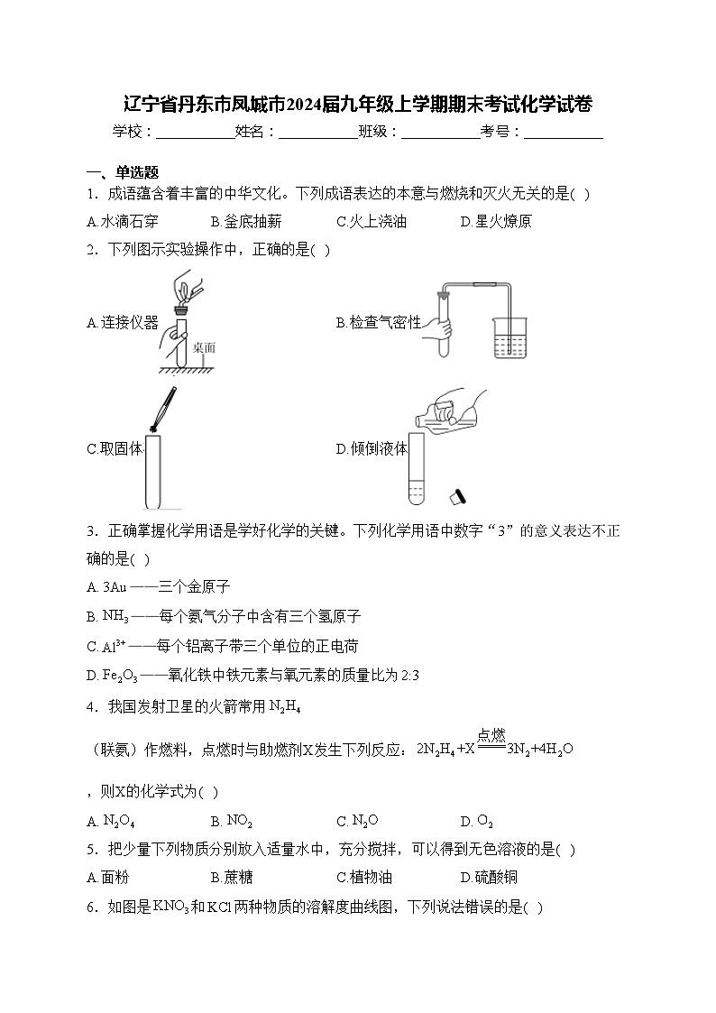 辽宁省丹东市凤城市2024届九年级上学期期末考试化学试卷(含答案)第1页