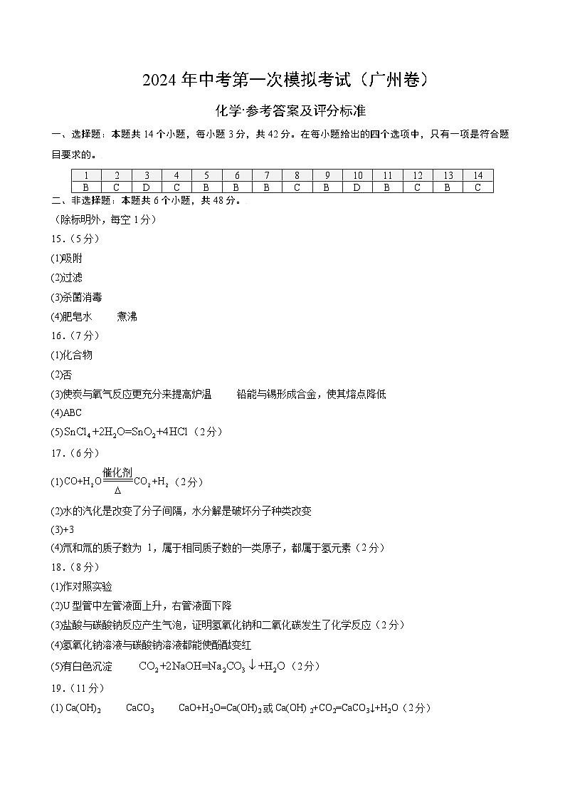 2024年初三中考第一次模拟考试试题：化学（广州卷）（参考答案及评分标准）01