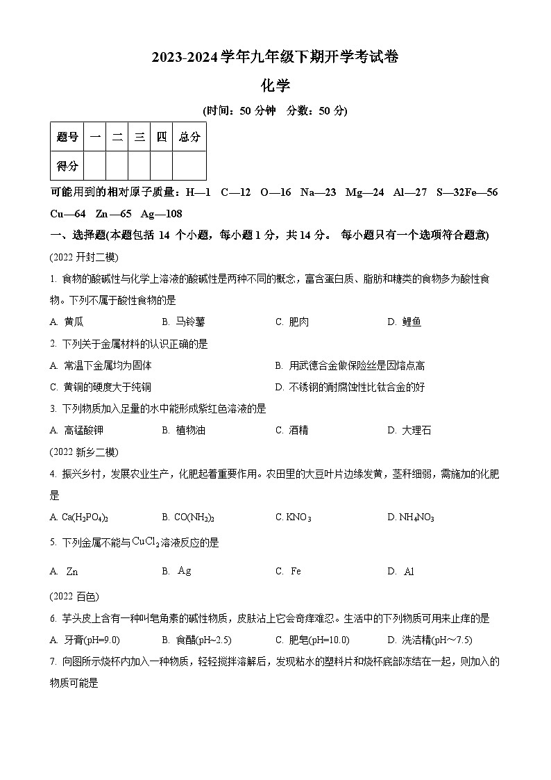 精品解析：河南省周口市沈丘县沈丘县博士学校2023-2024学年九年级下学期开学化学试题（原卷版）第1页