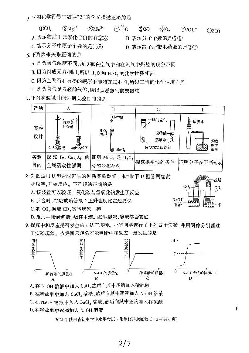 2024年陕西省初中学业水平考试化学仿真摸底卷第2页