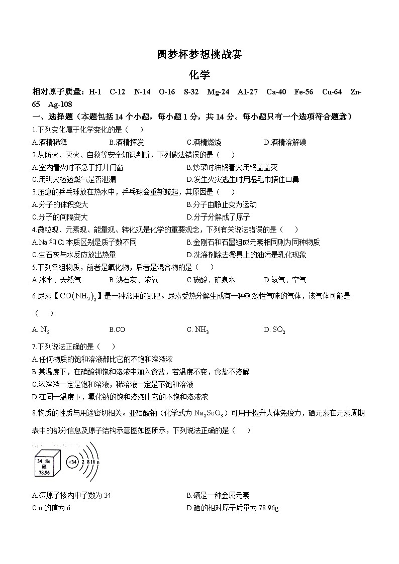 2024年河南省鹤壁市淇滨中学中考模拟化学试题第1页