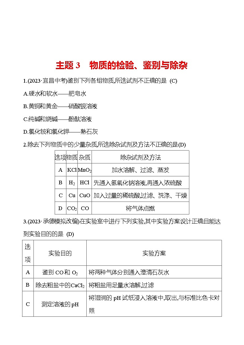 2023-2024 中考化学复习 板块五 主题3　物质的检验、鉴别与除杂 提分作业01