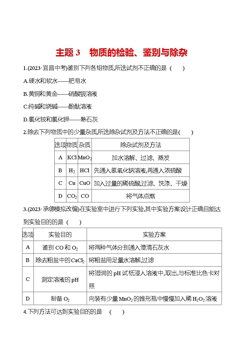 2023-2024 中考化学复习 板块五 主题3　物质的检验、鉴别与除杂 提分作业01