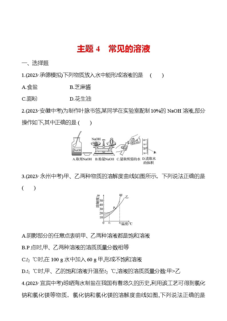 2023-2024 中考化学复习 板块一 主题4　常见的溶液 提分作业（学生版）第1页